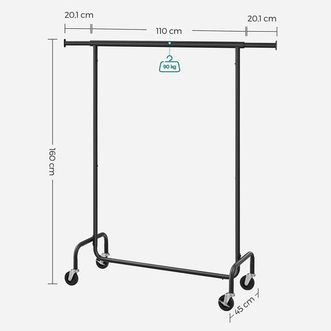 Rootz Clothes Stand - Clothes Stand On Wheels - Clothes Rack - Coat Hanger Stand - Standing Clothes Rack - Matt Black - 45 x (110-150) x 160 cm