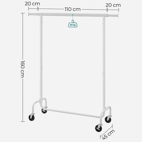 Rootz Clothes Stand - Clothes Rack - With Extendable Clothes Rail - Clothes Hanger Stand - Free-Standing Clothes Rail - Matt White - 45 x (110-150) x 160 cm