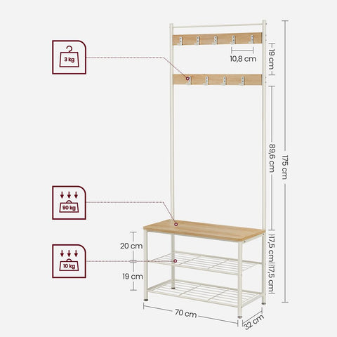 Rootz Coat Stand - Coat Stand With Shoe Rack - Standing Coat Rack - Tree Coat Stand - Wall-mounted Coat Hooks - Chipboard - Steel - Oak-white - 32 x 70 x 175 cm (D x W x H)