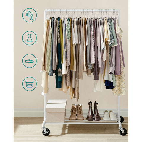 Rootz Clothes Rack - Clothes Rack On Wheels - Rolling Clothes Rack - Wall Mounted Clothes Rack - Heavy Duty Clothes Rack - Steel - White - 100 x 49 x 163 cm (L x W x H)