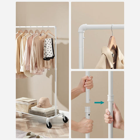 Rootz Clothes Rack - Clothes Rack On Wheels - Rolling Clothes Rack - Wall Mounted Clothes Rack - Heavy Duty Clothes Rack - Steel - White - 100 x 49 x 163 cm (L x W x H)