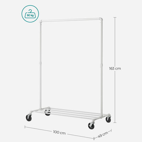 Rootz Clothes Rack - Clothes Rack On Wheels - Rolling Clothes Rack - Wall Mounted Clothes Rack - Heavy Duty Clothes Rack - Steel - White - 100 x 49 x 163 cm (L x W x H)