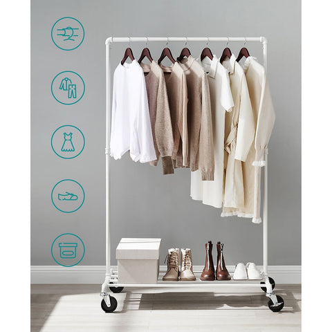 Rootz Clothes Rack - Clothes Rack On Wheels - Rolling Clothes Rack - Wall Mounted Clothes Rack - Heavy Duty Clothes Rack - Steel - White - 100 x 49 x 163 cm (L x W x H)