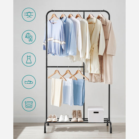 Rootz Clothes Rack - Clothes Rack With Shoe Rack - Rolling Clothes Rack - Wall Mounted Clothes Rack - Heavy Duty Clothes Rack - Steel - Black - 105 x 50 x 195 cm (L x W x H)