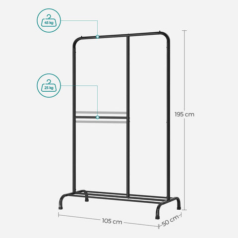 Rootz Clothes Rack - Clothes Rack With Shoe Rack - Rolling Clothes Rack - Wall Mounted Clothes Rack - Heavy Duty Clothes Rack - Steel - Black - 105 x 50 x 195 cm (L x W x H)
