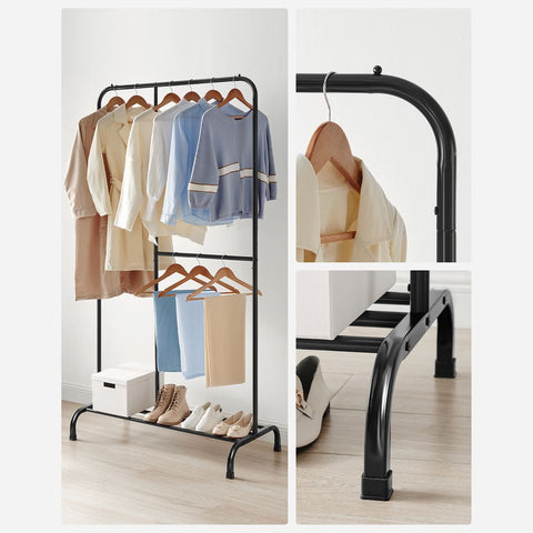 Rootz Clothes Rack - Clothes Rack With Shoe Rack - Rolling Clothes Rack - Wall Mounted Clothes Rack - Heavy Duty Clothes Rack - Steel - Black - 105 x 50 x 195 cm (L x W x H)