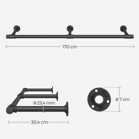 Rootz Wardrobe Rail - Clothes Rail - Wall Clothes Rail - Wall-Mounted Clothes Rail - Hanging Clothes Rack - Black - 30.4 x 170 x 7 cm