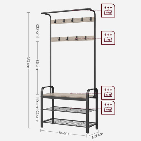 Rootz Coat Stand - Coat Stand With 9 Hooks - Standing Coat Rack - Tree Coat Stand - Wall-mounted Coat Hooks - Chipboard - Steel - Oak-white - 32 x 70 x 175 cm (D x W x H)