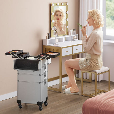 Rootz Trolley - Cosmetic Case Trolley - 4-in-1 Design - Makeup Case With Wheels - Travel Makeup Organizer - Large Capacity Makeup Storage - Aluminum Strips - MDF - Plastic - Silver