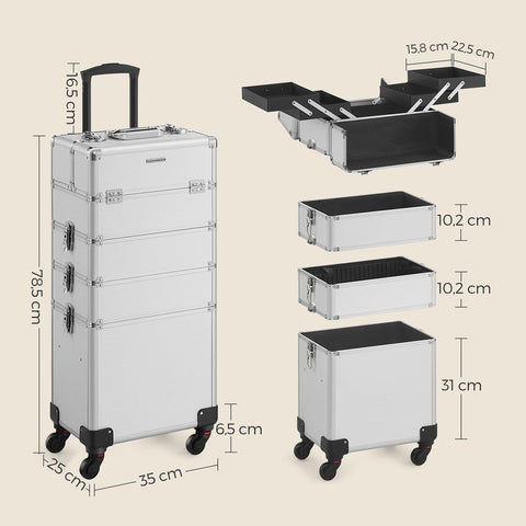 Rootz Trolley - Cosmetic Case Trolley - 4-in-1 Design - Makeup Case With Wheels - Travel Makeup Organizer - Large Capacity Makeup Storage - Aluminum Strips - MDF - Plastic - Silver