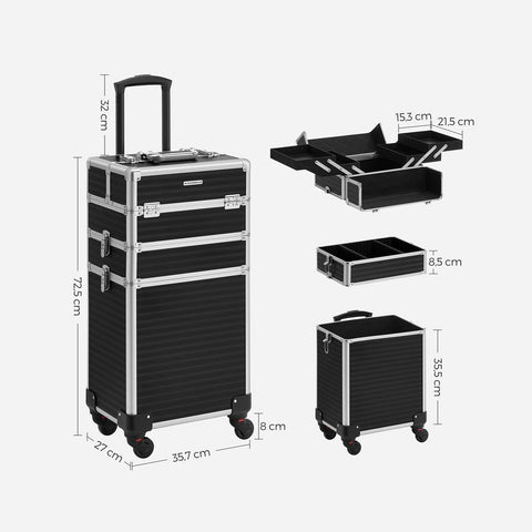 Rootz Vanity Case - Cosmetic Case - Makeup Case - Travel Vanity Case - Beauty Case - Makeup Storage Case - With Wheels - Black - 35.7 x 27 x 72.5 cm