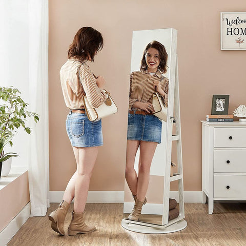 Rootz Jewelry Cabinet - Jewelry Cabinet With Mirror - Standing Jewelry Cabinet - Full-Length Mirror - Jewelry Storage Mirror - White With Wood Grain - 54.5 x 54.5 x 162 cm