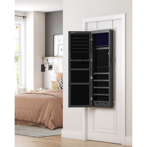 Rootz Jewelry Cabinet - Hanging Jewelry Cabinet - Cabinet With Mirror - Standing Jewelry Cabinet - Wall Mounted Jewelry Cabinet - Lockable Jewelry Cabinet - MDF  - Velvet - Black - 37 x 10 x 120 cm (L x W x H)
