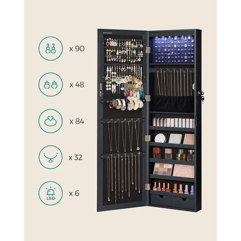 Rootz Jewelry Cabinet - Hanging Jewelry Cabinet - Cabinet With Mirror - Standing Jewelry Cabinet - Wall Mounted Jewelry Cabinet - Lockable Jewelry Cabinet - MDF  - Velvet - Black - 37 x 10 x 120 cm (L x W x H)