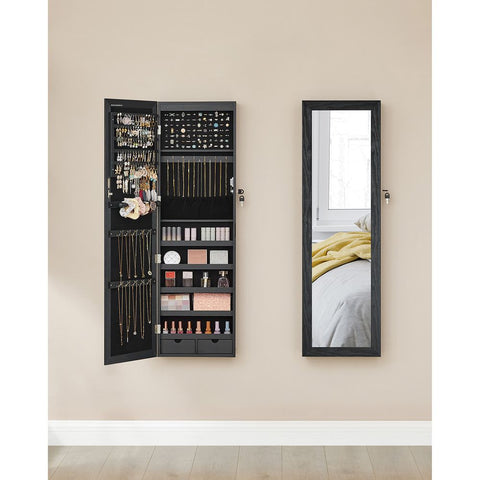 Rootz Jewelry Cabinet - Hanging Jewelry Cabinet - Cabinet With Mirror - Standing Jewelry Cabinet - Wall Mounted Jewelry Cabinet - Lockable Jewelry Cabinet - MDF  - Velvet - Black - 37 x 10 x 120 cm (L x W x H)