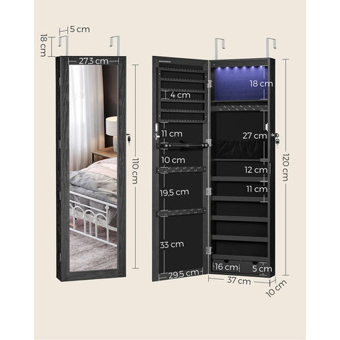 Rootz Jewelry Cabinet - Hanging Jewelry Cabinet - Cabinet With Mirror - Standing Jewelry Cabinet - Wall Mounted Jewelry Cabinet - Lockable Jewelry Cabinet - MDF  - Velvet - Black - 37 x 10 x 120 cm (L x W x H)