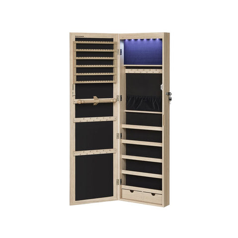 Rootz Jewelry Cabinet - Hanging Jewelry Cabinet - Wall-mounted Jewelry Organizer - Wooden Jewelry Box - Mirrored Jewelry Organizer - Oak Colour - 37 x 10 x 120 cm (L x W x H)