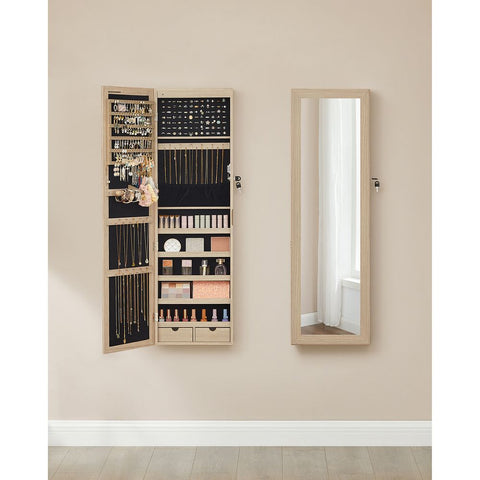 Rootz Jewelry Cabinet - Hanging Jewelry Cabinet - Wall-mounted Jewelry Organizer - Wooden Jewelry Box - Mirrored Jewelry Organizer - Oak Colour - 37 x 10 x 120 cm (L x W x H)