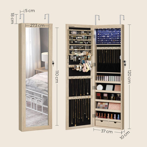 Rootz Jewelry Cabinet - Hanging Jewelry Cabinet - Wall-mounted Jewelry Organizer - Wooden Jewelry Box - Mirrored Jewelry Organizer - Oak Colour - 37 x 10 x 120 cm (L x W x H)