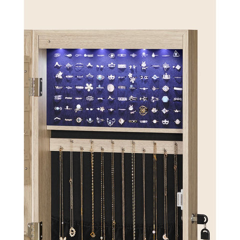 Rootz Jewelry Cabinet - Hanging Jewelry Cabinet - Wall-mounted Jewelry Organizer - Wooden Jewelry Box - Mirrored Jewelry Organizer - Oak Colour - 37 x 10 x 120 cm (L x W x H)