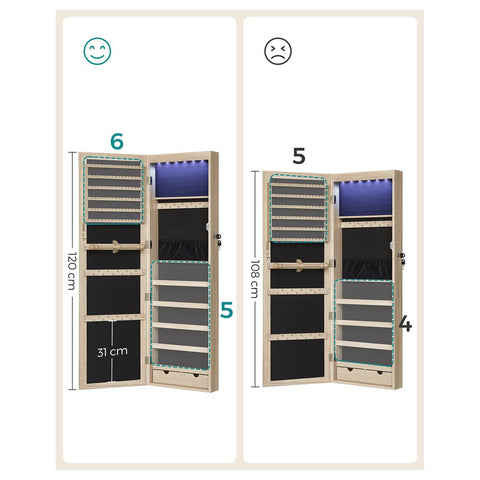 Rootz Jewelry Cabinet - Hanging Jewelry Cabinet - Wall-mounted Jewelry Organizer - Wooden Jewelry Box - Mirrored Jewelry Organizer - Oak Colour - 37 x 10 x 120 cm (L x W x H)