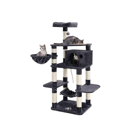 Rootz Scratching Post - Cat Scratching Post - Cat Tree - Tall Scratching Post - Durable Scratching Post - Scratching Post With Feeding Bowl - Grey - 90 x 50 x 164 cm (W x D x H)