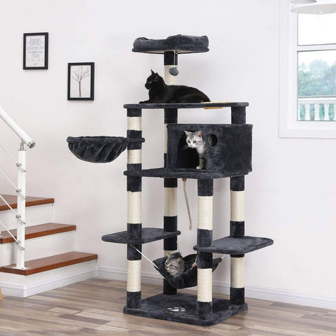 Rootz Scratching Post - Cat Scratching Post - Cat Tree - Tall Scratching Post - Durable Scratching Post - Scratching Post With Feeding Bowl - Grey - 90 x 50 x 164 cm (W x D x H)