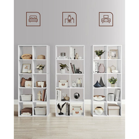 Rootz Bookcase - Bookcase With 10 Compartments - Bookshelf - Open Bookcase - Display Bookcase - Home Office Bookcase - Chipboard - White - 30 x 65.5 x 161.5 cm (D x W x H)