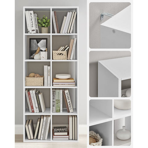 Rootz Bookcase - Bookcase With 10 Compartments - Bookshelf - Open Bookcase - Display Bookcase - Home Office Bookcase - Chipboard - White - 30 x 65.5 x 161.5 cm (D x W x H)