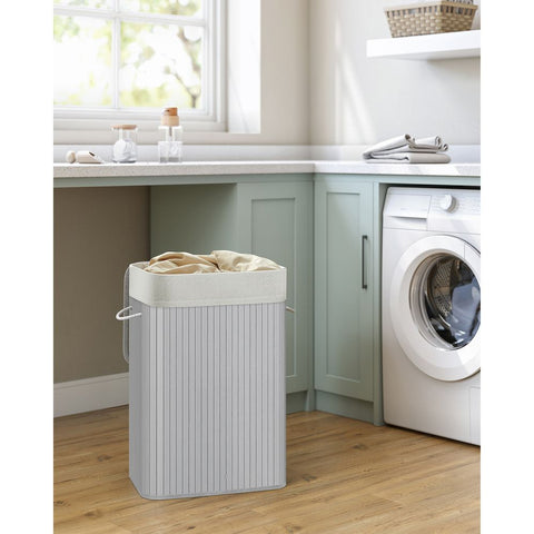 Rootz Laundry Basket - Laundry Basket With Lid - 72 Liter Laundry Basket - Laundry Sorter - Triple Laundry Sorter - Large Capacity Laundry Basket - Waterproof Laundry Basket - Bamboo - Cotton - Metal Frame - Gray - 40 x 30 x 60 cm (L x W x H)
