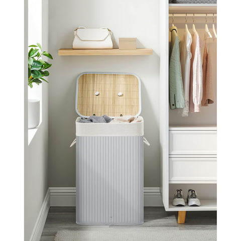 Rootz Laundry Basket - Laundry Basket With Lid - 72 Liter Laundry Basket - Laundry Sorter - Triple Laundry Sorter - Large Capacity Laundry Basket - Waterproof Laundry Basket - Bamboo - Cotton - Metal Frame - Gray - 40 x 30 x 60 cm (L x W x H)