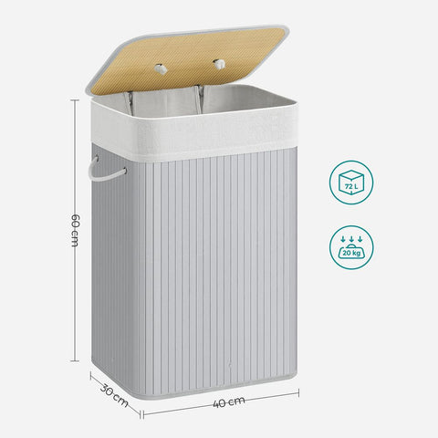 Rootz Laundry Basket - Laundry Basket With Lid - 72 Liter Laundry Basket - Laundry Sorter - Triple Laundry Sorter - Large Capacity Laundry Basket - Waterproof Laundry Basket - Bamboo - Cotton - Metal Frame - Gray - 40 x 30 x 60 cm (L x W x H)