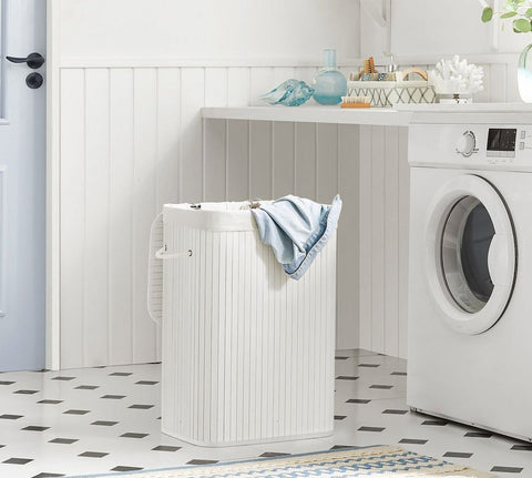 Rootz Laundry Basket - Bamboo Laundry Basket - Clothes Basket - Laundry Storage - Collapsible Laundry Basket - Wicker Laundry Basket - White - 40 x 30 x 60 cm