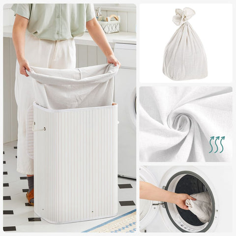Rootz Laundry Basket - Bamboo Laundry Basket - Clothes Basket - Laundry Storage - Collapsible Laundry Basket - Wicker Laundry Basket - White - 40 x 30 x 60 cm
