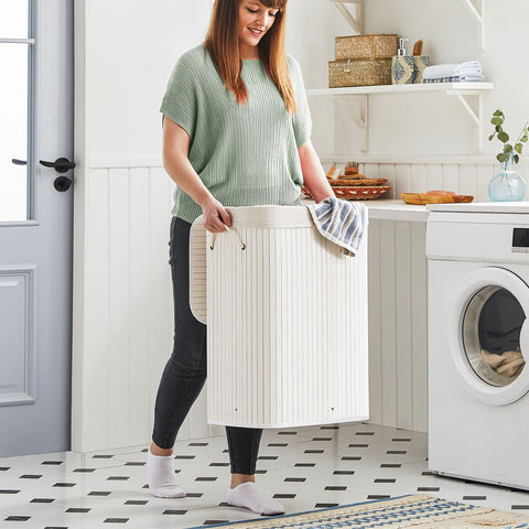 Rootz Laundry Basket - Bamboo Laundry Basket - Clothes Basket - Laundry Storage - Collapsible Laundry Basket - Wicker Laundry Basket - White - 40 x 30 x 60 cm