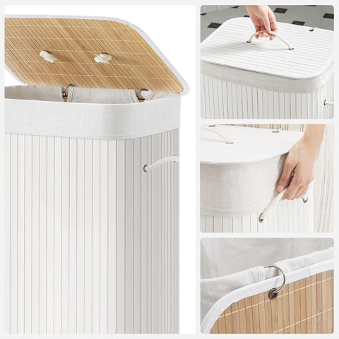 Rootz Laundry Basket - Bamboo Laundry Basket - Clothes Basket - Laundry Storage - Collapsible Laundry Basket - Wicker Laundry Basket - White - 40 x 30 x 60 cm