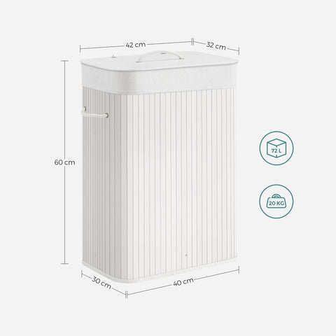 Rootz Laundry Basket - Bamboo Laundry Basket - Clothes Basket - Laundry Storage - Collapsible Laundry Basket - Wicker Laundry Basket - White - 40 x 30 x 60 cm