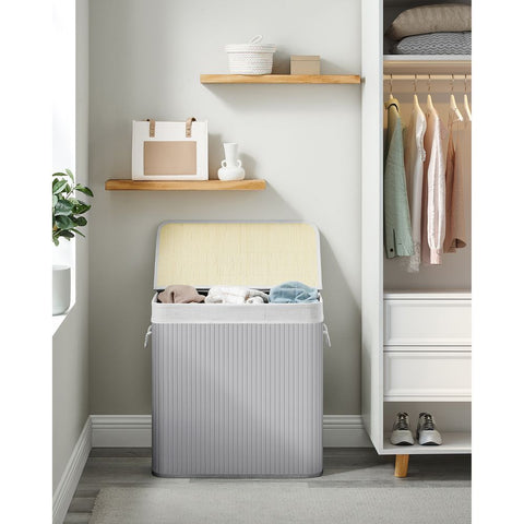 Rootz Laundry Basket - Laundry Basket With 3 Compartments - Laundry Sorter - Triple Laundry Sorter - Large Capacity Laundry Basket - Waterproof Laundry Basket - Bamboo - Cotton - Plywood - Metal Frame - Abs Clip - Gray - 60 X 40 X 61.5 Cm (L X W X H)