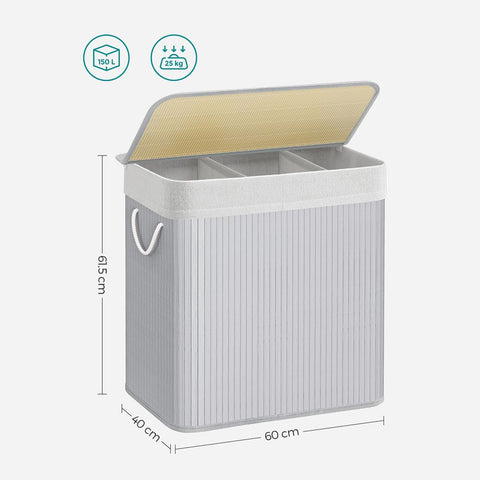 Rootz Laundry Basket - Laundry Basket With 3 Compartments - Laundry Sorter - Triple Laundry Sorter - Large Capacity Laundry Basket - Waterproof Laundry Basket - Bamboo - Cotton - Plywood - Metal Frame - Abs Clip - Gray - 60 X 40 X 61.5 Cm (L X W X H)