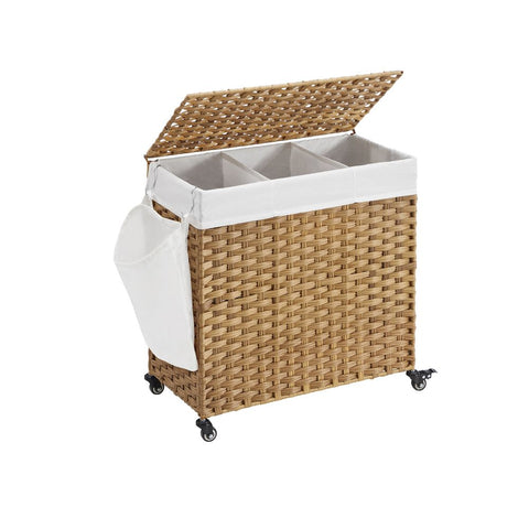 Rootz Laundry Basket - Laundry Basket With 3 Compartments - Clothes Basket - Laundry Storage - Collapsible Laundry Basket - Wicker Laundry Basket - Natural - 66 x 33 x 60 cm