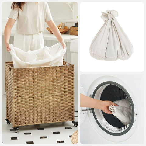 Rootz Laundry Basket - Laundry Basket With 3 Compartments - Clothes Basket - Laundry Storage - Collapsible Laundry Basket - Wicker Laundry Basket - Natural - 66 x 33 x 60 cm