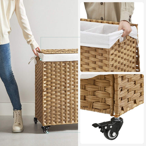 Rootz Laundry Basket - Laundry Basket With 3 Compartments - Clothes Basket - Laundry Storage - Collapsible Laundry Basket - Wicker Laundry Basket - Natural - 66 x 33 x 60 cm