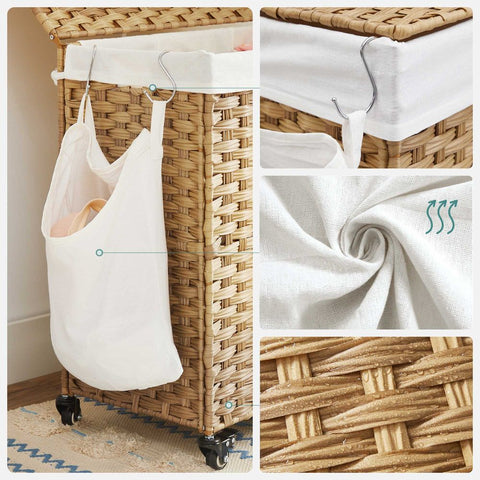 Rootz Laundry Basket - Laundry Basket With 3 Compartments - Clothes Basket - Laundry Storage - Collapsible Laundry Basket - Wicker Laundry Basket - Natural - 66 x 33 x 60 cm