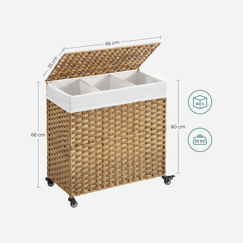 Rootz Laundry Basket - Laundry Basket With 3 Compartments - Clothes Basket - Laundry Storage - Collapsible Laundry Basket - Wicker Laundry Basket - Natural - 66 x 33 x 60 cm