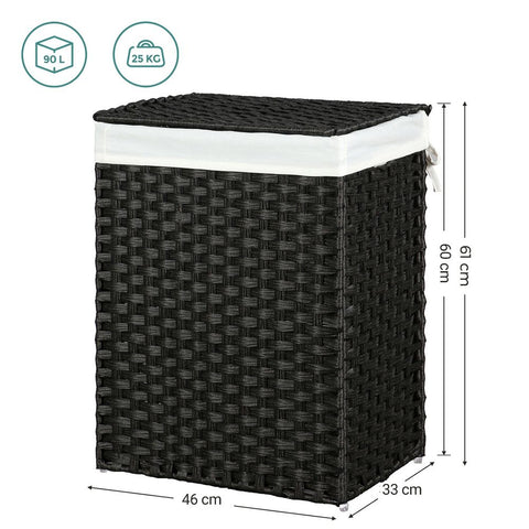 Rootz Laundry Basket - Made Of White Poly Rattan - Hamper - Clothes Basket - Laundry Storage - Laundry Organizer - Plastic Laundry Basket - Laundry Sorter - Black - 46 x 33 x 60 cm (L x W x H)