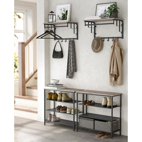 Rootz Coat Rack - Coat Rack With 5 Hooks - Coat Rack With Storage Shelf - Wooden Coat Rack  - Industrial Coat Rack  - Chipboard - Steel - Greige Black - 30 x 66 x 27 cm (D x W x H)