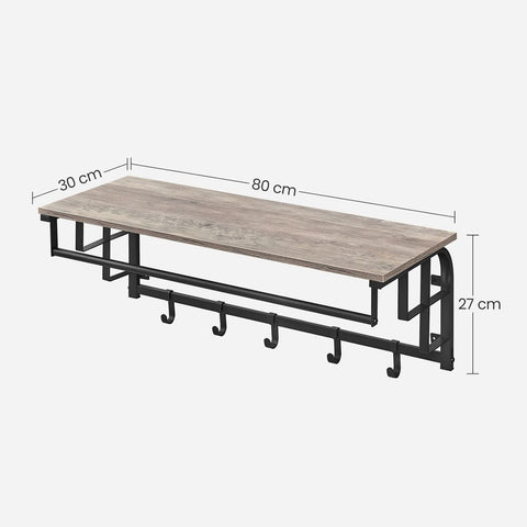 Rootz Coat Rack - Coat Rack With 5 Hooks - Coat Rack With Storage Shelf - Wooden Coat Rack  - Industrial Coat Rack  - Chipboard - Steel - Greige Black - 30 x 66 x 27 cm (D x W x H)