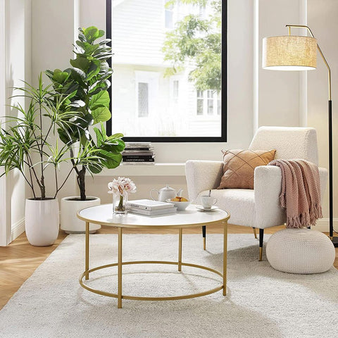 Rootz Coffee Table - Round Coffee Table - Metal Frame Coffee Table - Tea Table - Snack Table - Chipboard/Steel - White/Gold