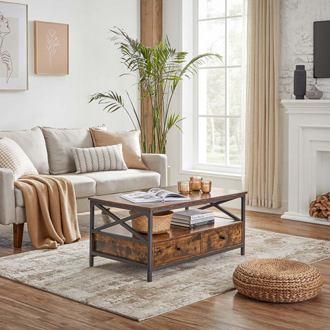 Rootz Coffee Table - Coffee Table With Drawers - Modern Coffee Table - Rustic Coffee Table - Wooden Coffee Table - Outdoor Coffee Table - Chipboard - Steel - Walnut Brown-black - 100 x 55 x 45 cm (L x W x H)
