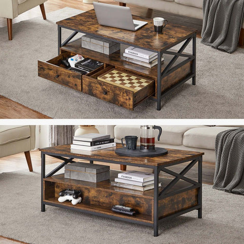 Rootz Coffee Table - Coffee Table With Drawers - Modern Coffee Table - Rustic Coffee Table - Wooden Coffee Table - Outdoor Coffee Table - Chipboard - Steel - Walnut Brown-black - 100 x 55 x 45 cm (L x W x H)